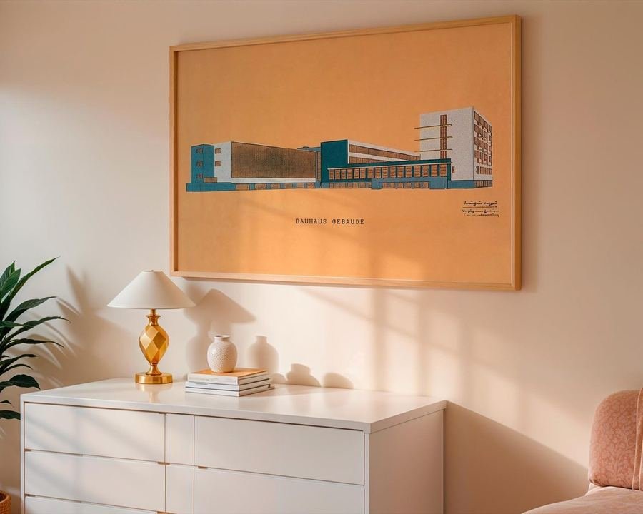 Bauhaus Dessau building by Walter Gropius, architectural line-art print
