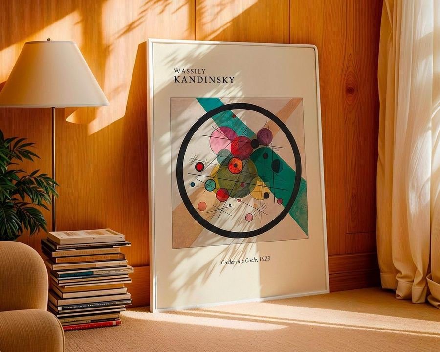 Wassily Kandinsky 'Circles in a Circle' Bauhaus art print, framed on a wall