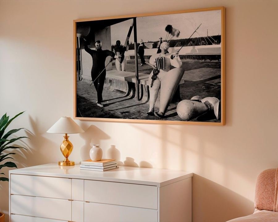 Bauhaus students rooftop performance, restored black-and-white photography art print