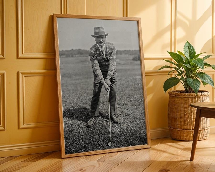 Vintage 1920s golfer portrait, black-and-white sports art print
