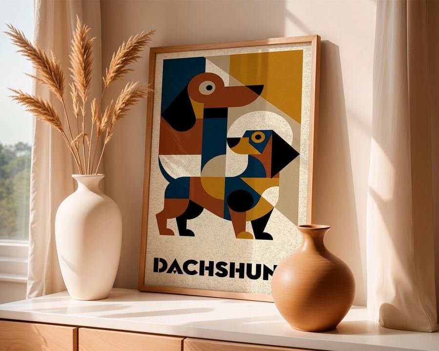 Cubist mid-century dachshund art print in retro colours