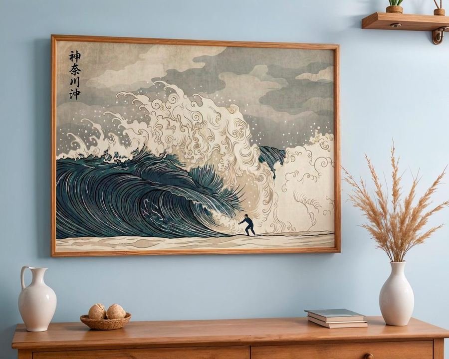 Great Wave surfer art print after Hokusai, coastal Japanese-style wall art