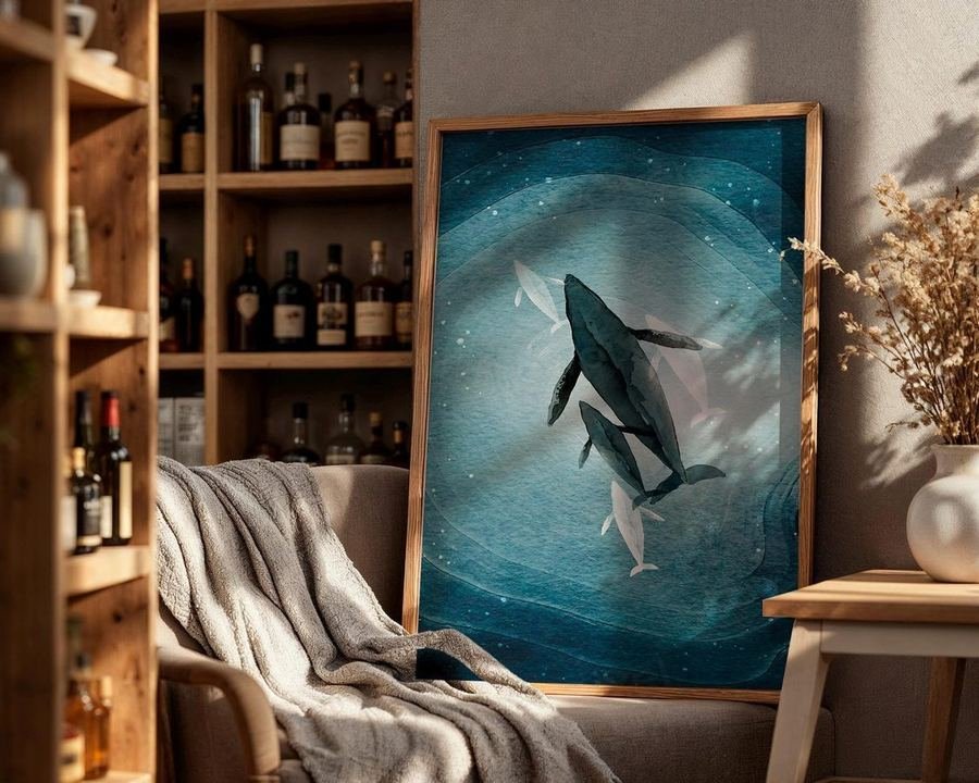Whale family watercolour art print in deep blue, coastal nursery wall art
